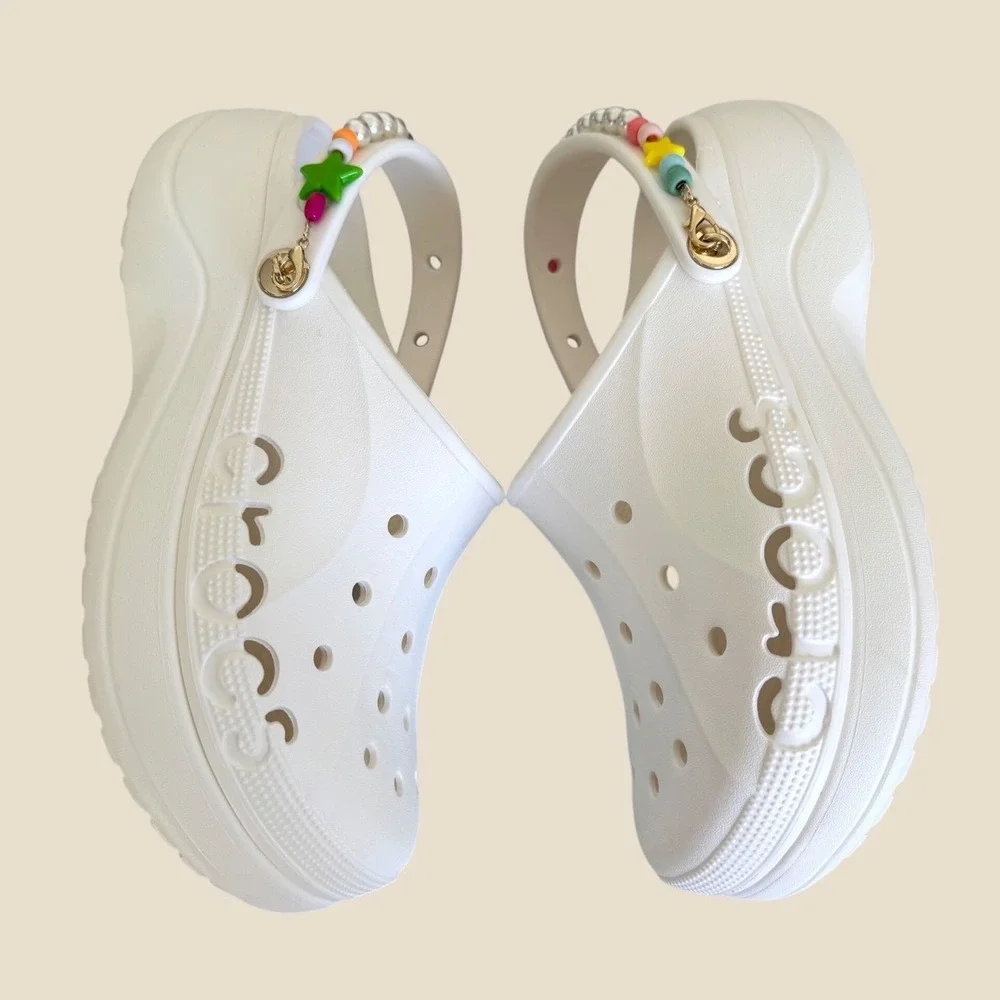 Crocs Classic Platform Clog White Rainbow Beaded Strap Charms Women's Size 11